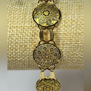 Vintage Signed Damascene Panel Bracelet 24k Gold Overlay Toledo Spain Madrid
